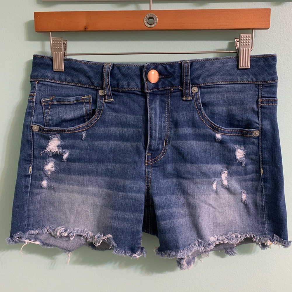 Distressed Denim Midi Shorts